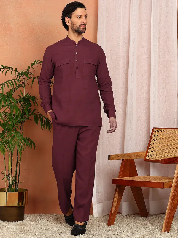 Men'S_Maroon_Linen_Solid_Pathani_Set