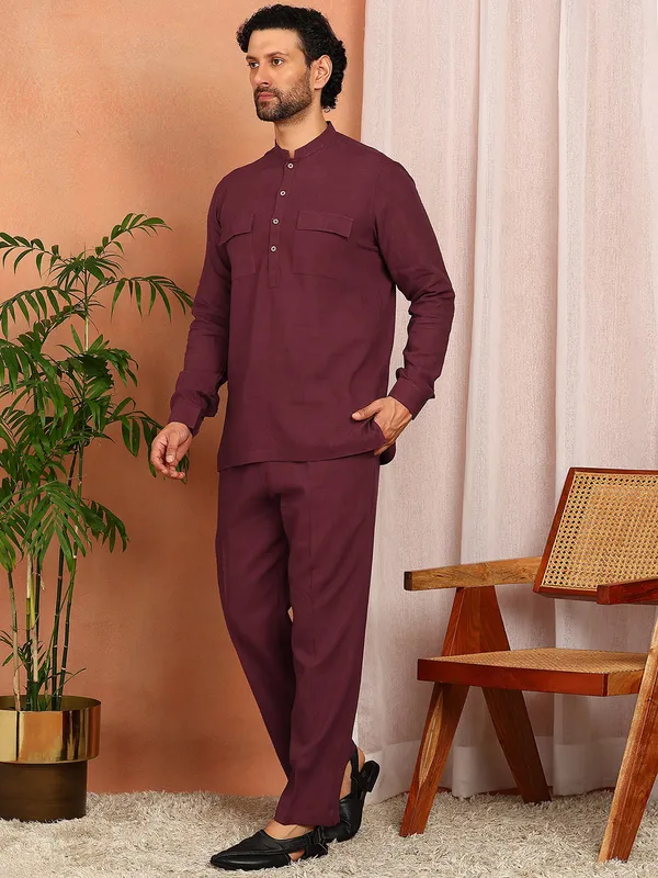 Men'S_Maroon_Linen_Solid_Pathani_Set