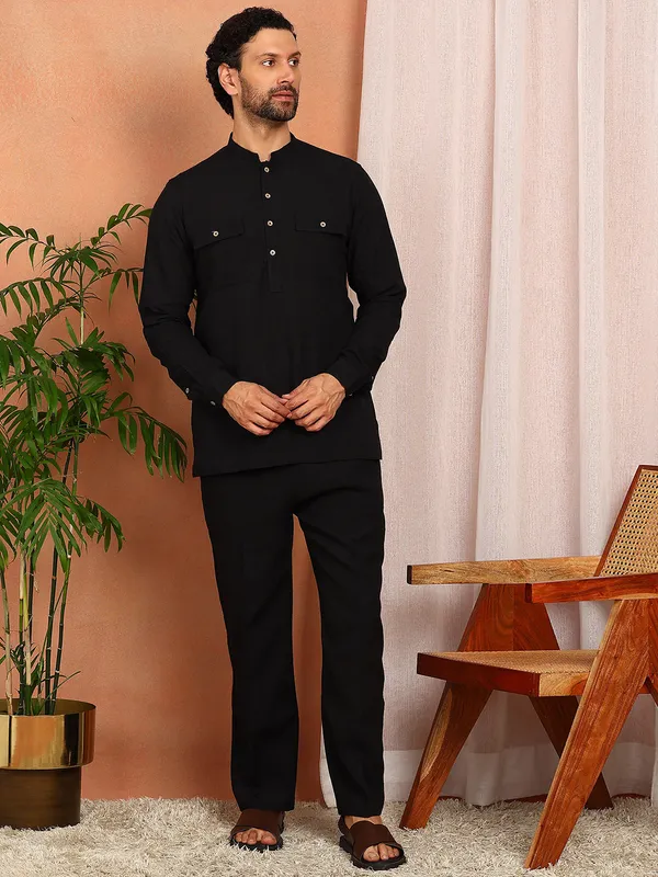 Men'S_Black_Linen_Solid_Pathani_Set