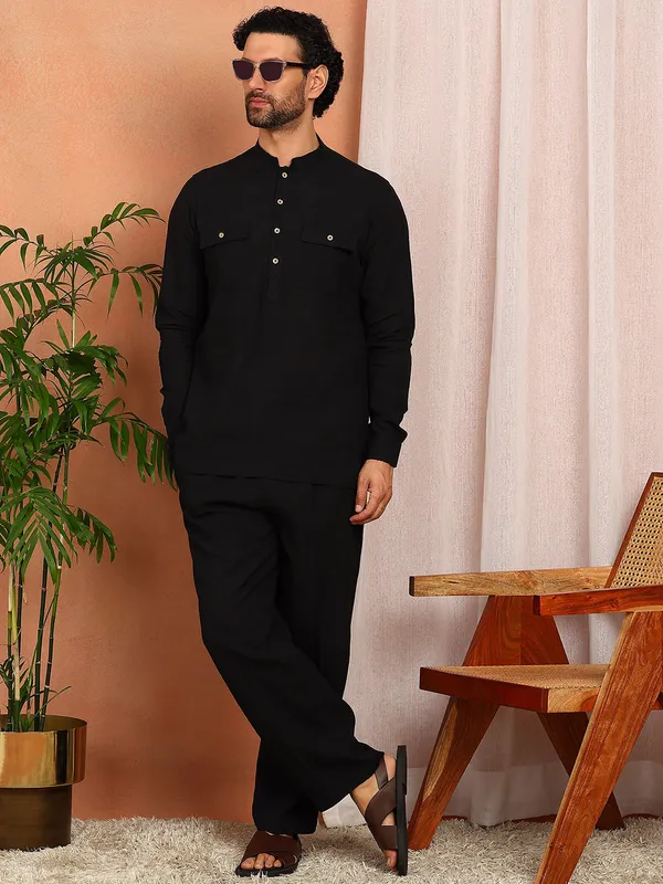 Men'S_Black_Linen_Solid_Pathani_Set
