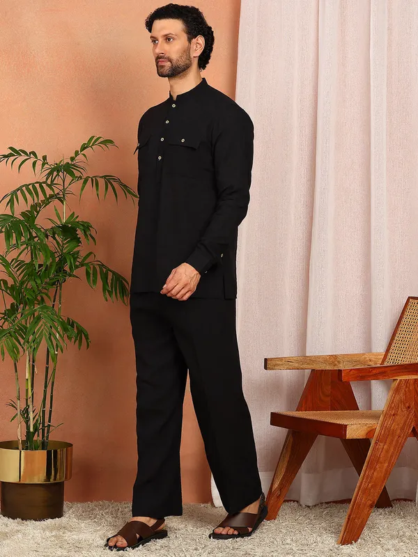 Men'S_Black_Linen_Solid_Pathani_Set