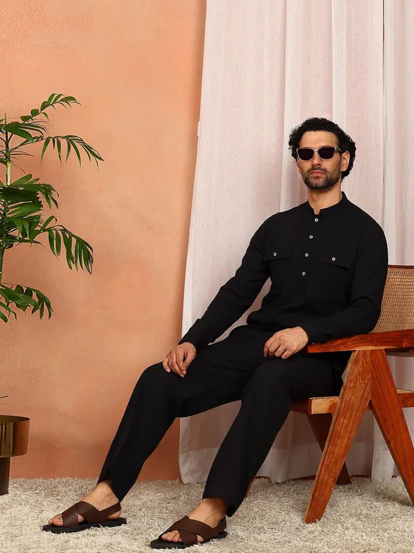 Men's_Black_Linen_Solid_Pathani_Co-ord_Set