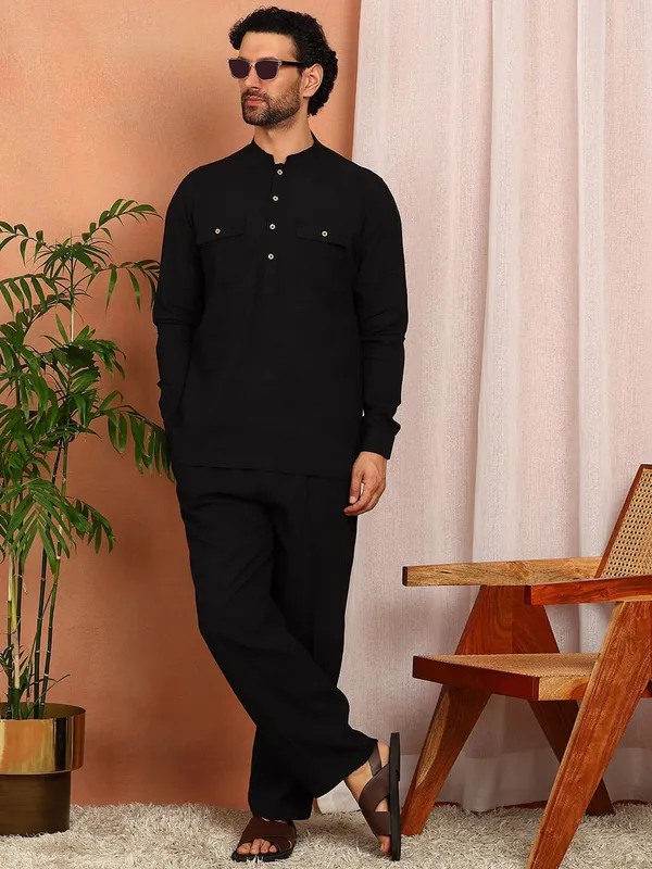 Men's_Black_Linen_Solid_Pathani_Co-ord_Set
