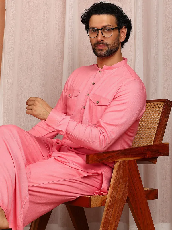 Men'S_Pink_Viscose_Rayon_Solid_Pathani_Set