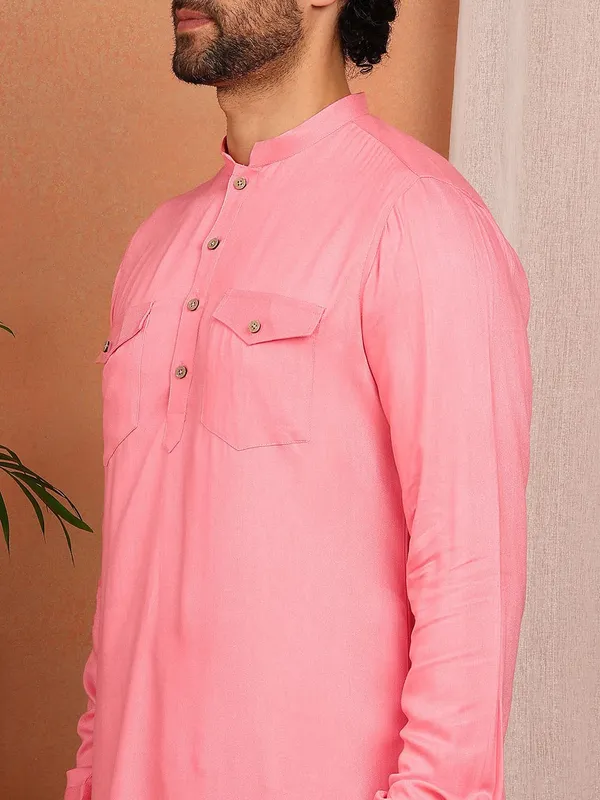 Men's_Pink_Viscose_Rayon_Solid_Pathani_Set