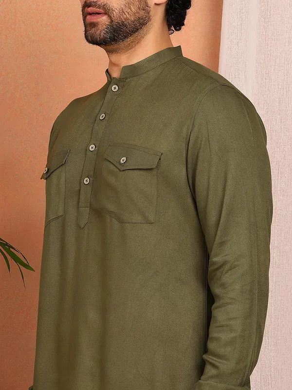 Men'S_Olive_Viscose_Rayon_Solid_Pathani_Set