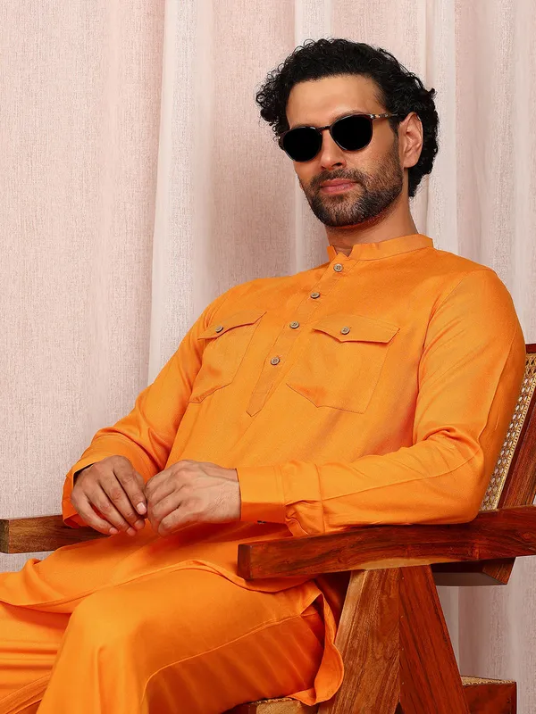Men'S_Orange_Viscose_Rayon_Solid_Pathani_Set