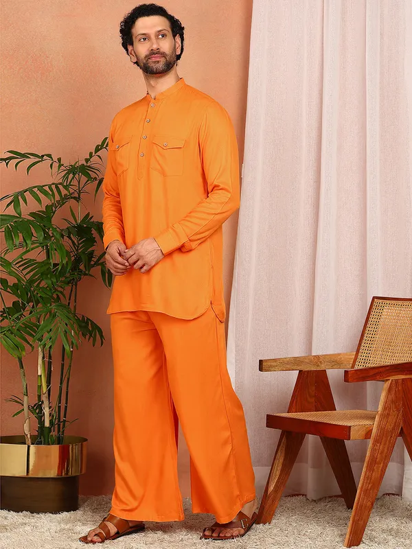 Men'S_Orange_Viscose_Rayon_Solid_Pathani_Set