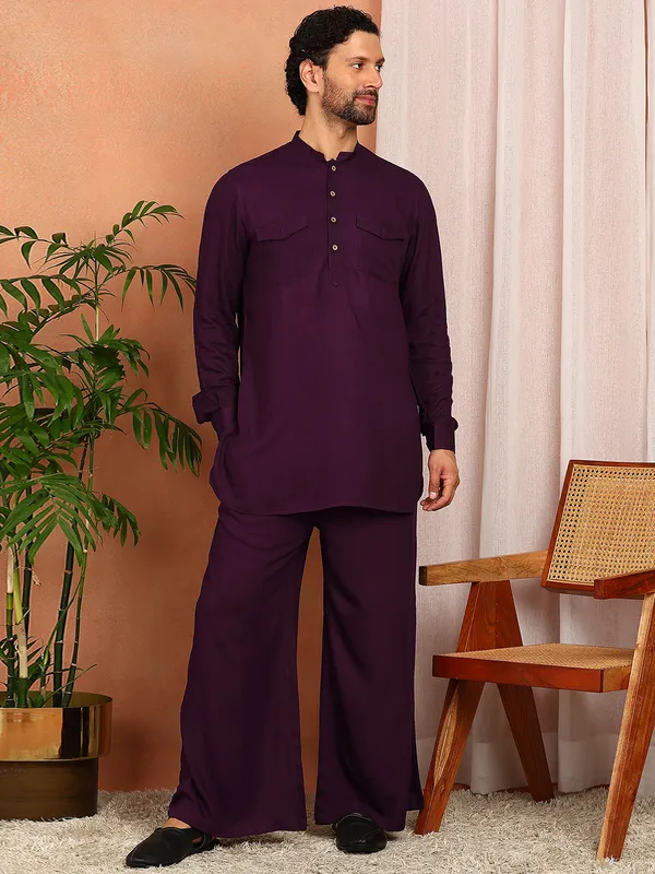 Men'S_Purple_Viscose_Rayon_Solid_Pathani_Set