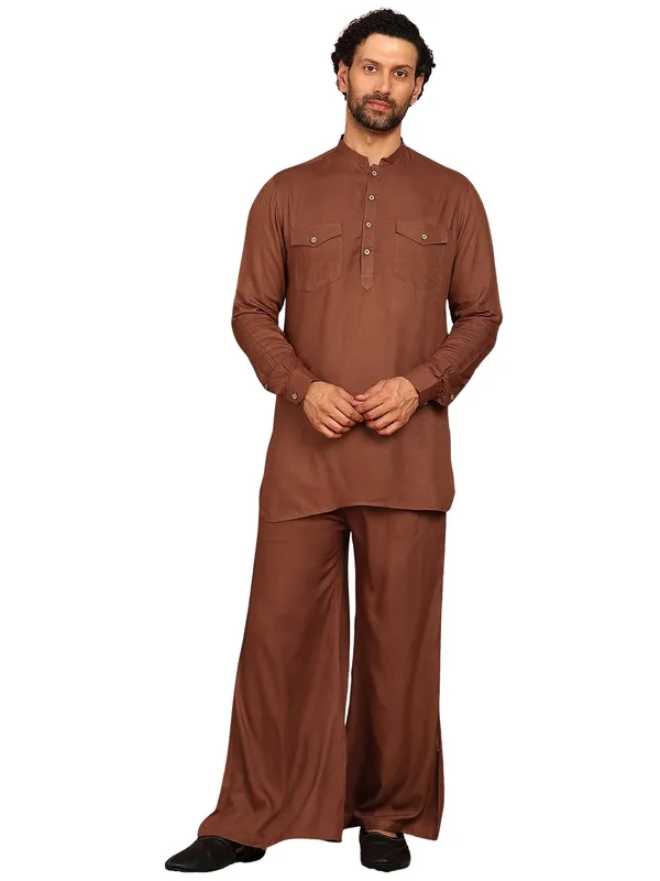 Men'S_Brown_Viscose_Rayon_Solid_Pathani_Set