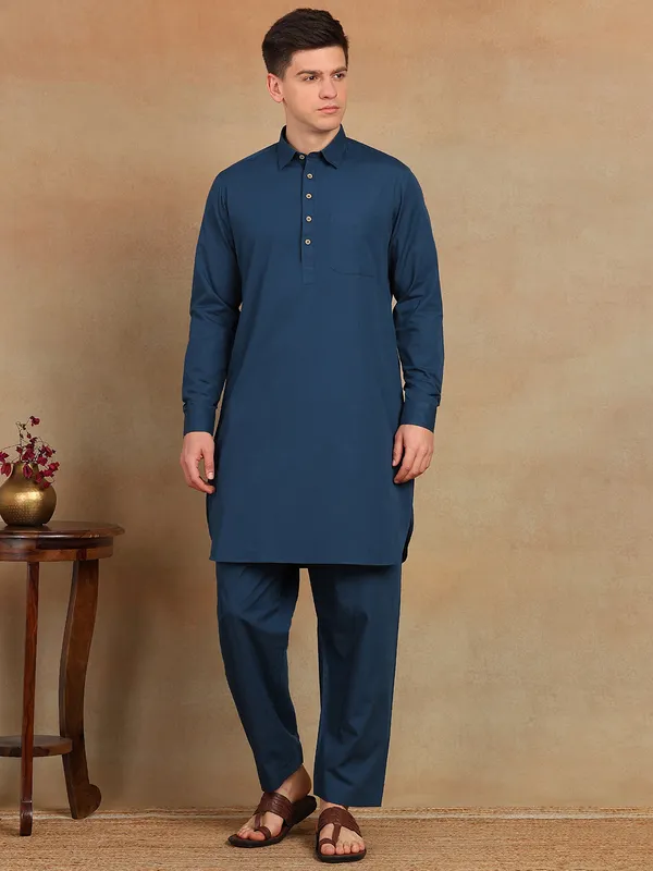Men_Blue_Solid_Pathani_Kurta_With_Salwar
