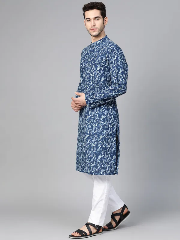 Blue_Hand_Block_Printed_straight_kurta_with_Pyjama
