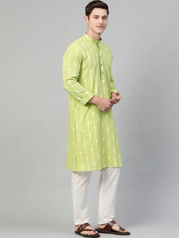 Lime_Green_And_White_Printed_Straight_Kurta_With_Pyjama