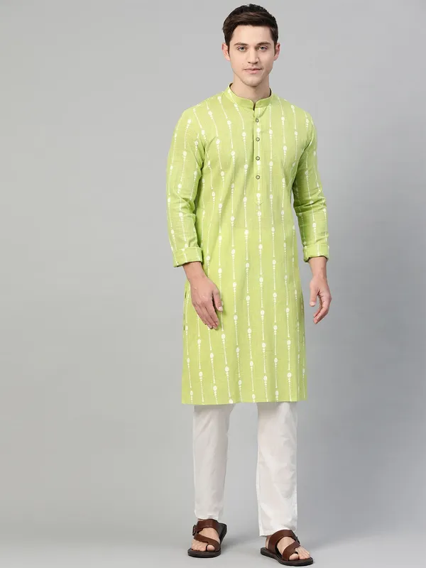 Lime_Green_And_White_Printed_Straight_Kurta_With_Pyjama