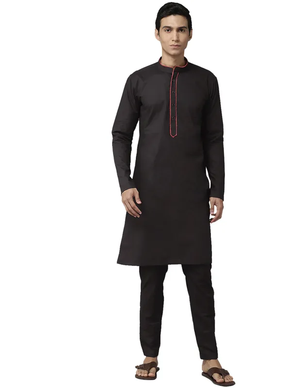 Men_Black_&_Red_Pure_Cotton_Embroidered_Staright_Kurta