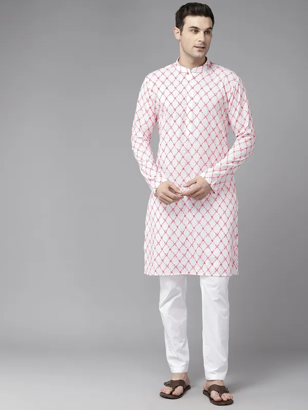 Men_White_&_Orange_Pure_Cotton_Embroidered_Staright_Kurta_With_Pajama