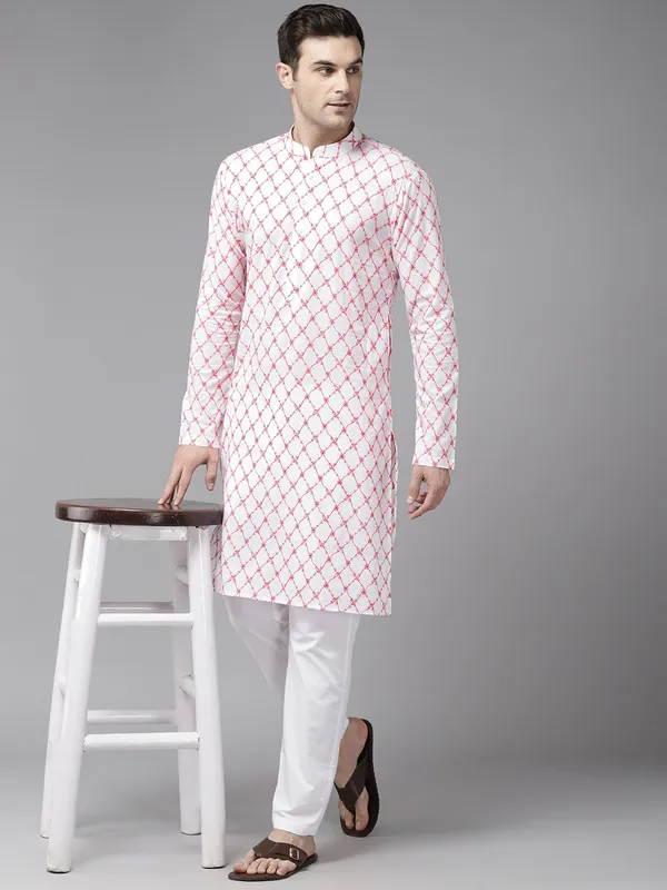 Men_White_&_Orange_Pure_Cotton_Embroidered_Staright_Kurta_With_Pajama