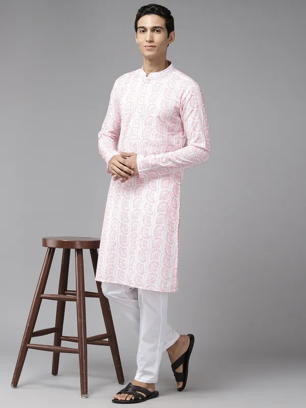 Men_White_&_Orange_Pure_Cotton_Embroidered_Staright_Kurta_With_Pajama