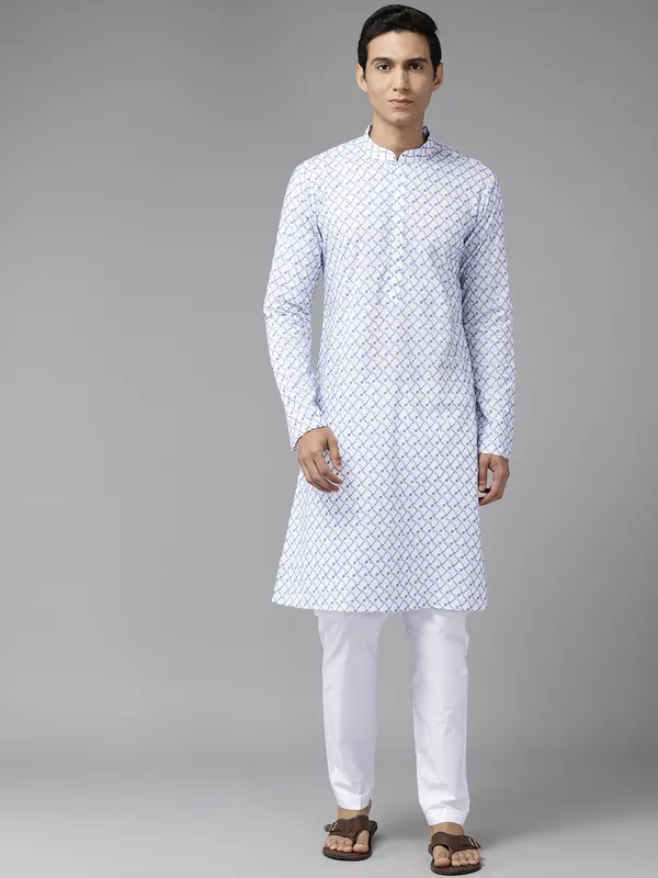 Men_White_&_Blue_Pure_Cotton_Embroidered_Staright_Kurta_With_Pajama