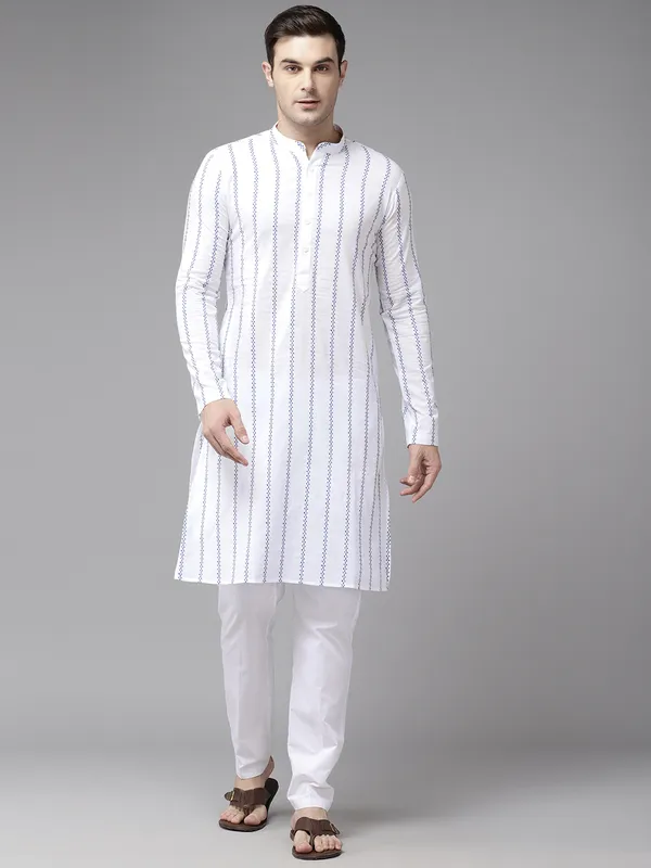 Men_White_&_Blue_Pure_Cotton_Embroidered_Staright_Kurta_With_Pajama