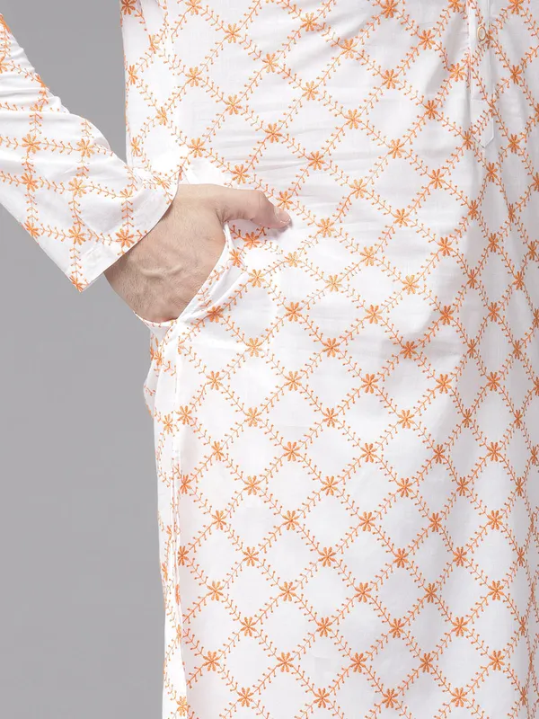 Men_White_&_Orange_Pure_Cotton_Embroidered_Staright_Kurta_With_Pajama