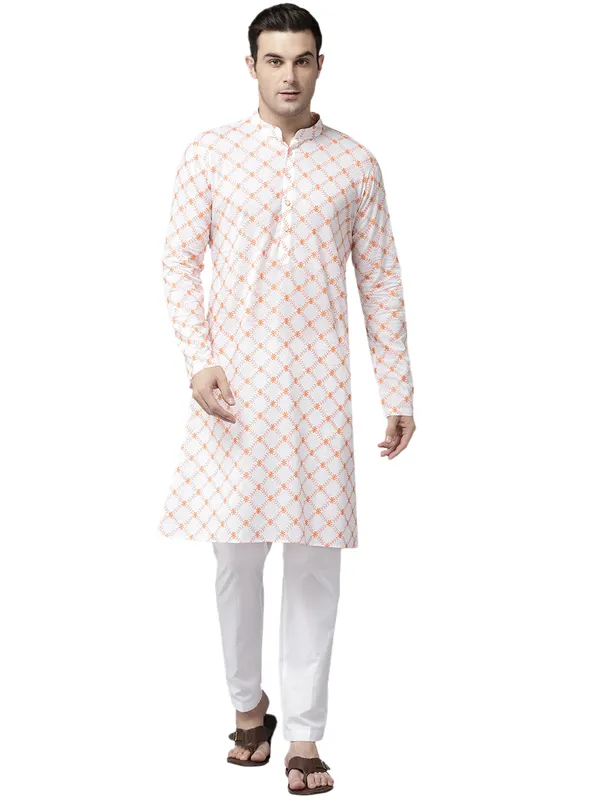 Men_White_&_Orange_Pure_Cotton_Embroidered_Staright_Kurta