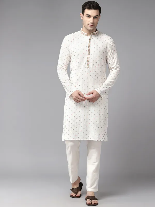 Men_Off_White_&_Multi_Color_Pure_Cotton_Embroidered_Staright_Kurta_With_Pajama