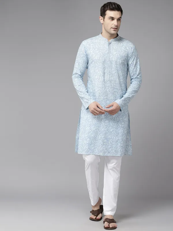 Men_Sky_Blue_&_White_Pure_Cotton_Embroidered_Staright_Kurta_With_Pajama
