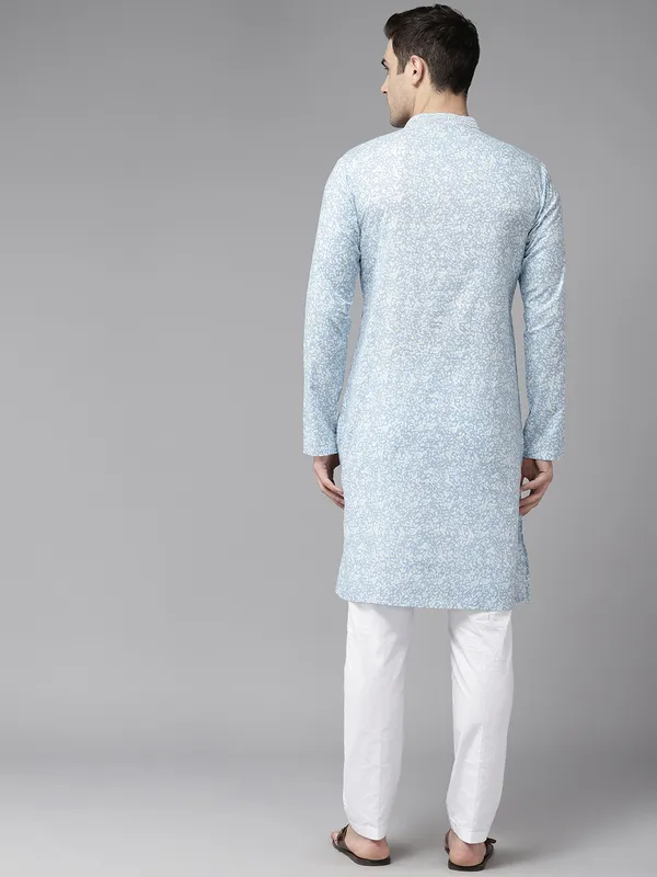 Men_Sky_Blue_&_White_Pure_Cotton_Embroidered_Staright_Kurta_With_Pajama