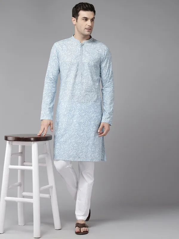 Men_Sky_Blue_&_White_Pure_Cotton_Embroidered_Staright_Kurta_With_Pajama
