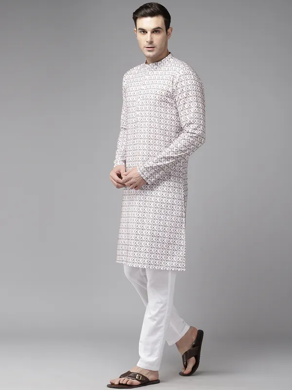 Men_Off_White_&_Brown_Pure_Cotton_Embroidered_Staright_Kurta_With_Pajama