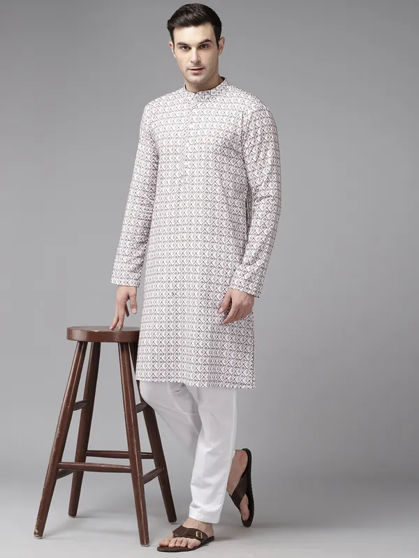 Men_Off_White_&_Brown_Pure_Cotton_Embroidered_Staright_Kurta_With_Pajama