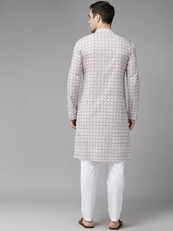 Men_Off_White_&_Brown_Pure_Cotton_Embroidered_Staright_Kurta_With_Pajama
