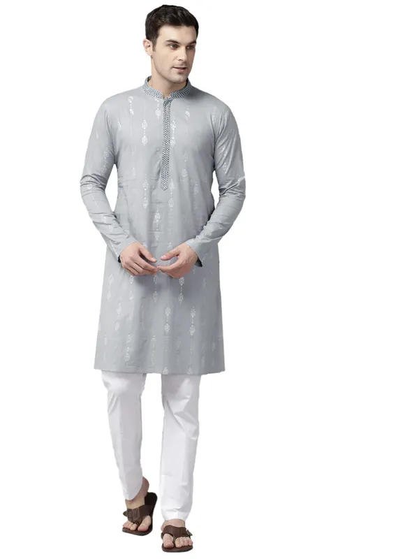 Men_Grey_&_Blue_Pure_Cotton_Embroidered_Staright_Kurta