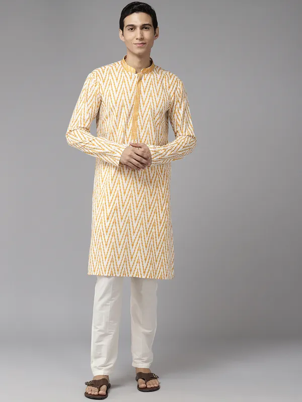 Men_White_&_Mustard_Pure_Cotton_Embroidered_Staright_Kurta_With_Pajama