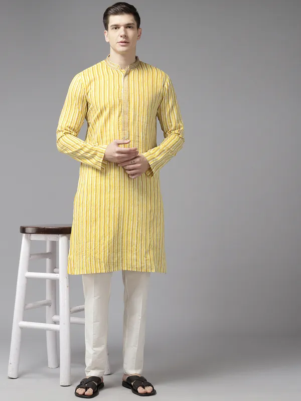 Men_Gold_&_White_Pure_Cotton_Embroidered_Staright_Kurta_With_Pajama
