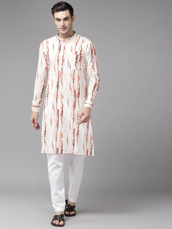 Men_White_&_Orange_Pure_Cotton_Printed_Staright_Kurta_With_Pajama
