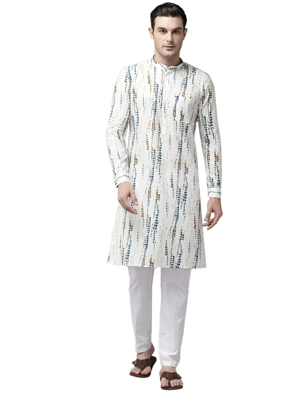 Men_White_&_Blue_Pure_Cotton_Printed_Staright_Kurta