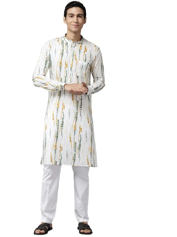 Men_White_&_Mustard_Pure_Cotton_Printed_Staright_Kurta
