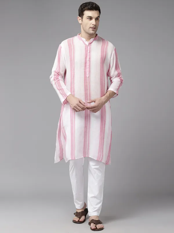 Men_White_&_Pink_Pure_Cotton_Printed_Staright_Kurta_With_Pajama