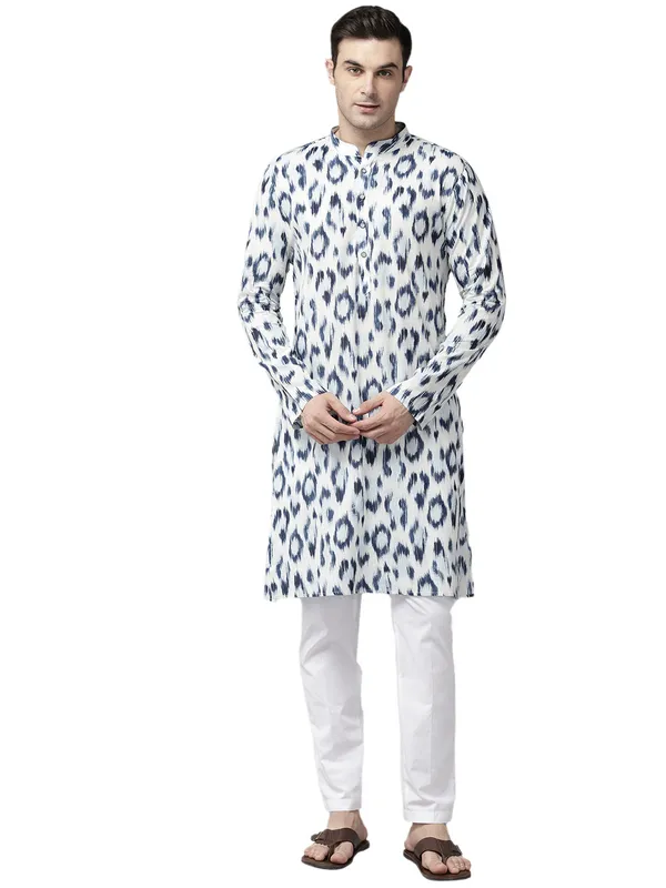 Men_White_&_Blue_Pure_Cotton_Printed_Staright_Kurta