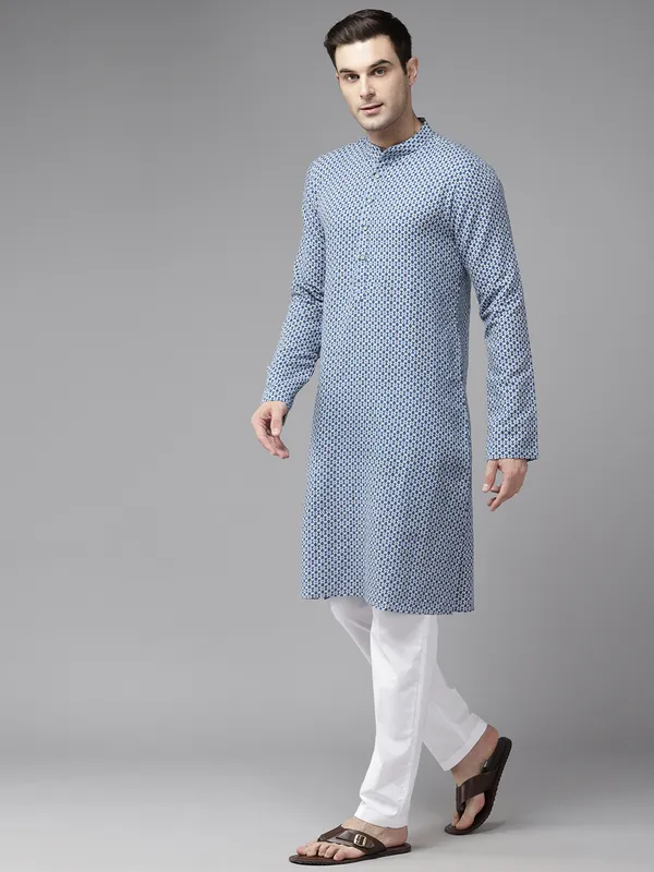 Men_Blue_&_Grey_Pure_Cotton_Printed_Staright_Kurta_With_Pajama