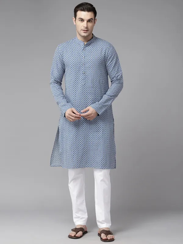 Men_Blue_&_Grey_Pure_Cotton_Printed_Staright_Kurta_With_Pajama