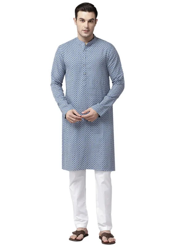 Men_Blue_&_Grey_Pure_Cotton_Printed_Staright_Kurta