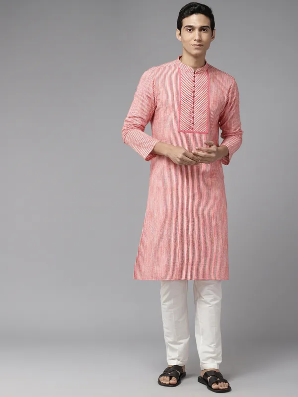 Men_Pink_Stripe_Pure_Cotton_Printed_Staright_Kurta_With_Pajama