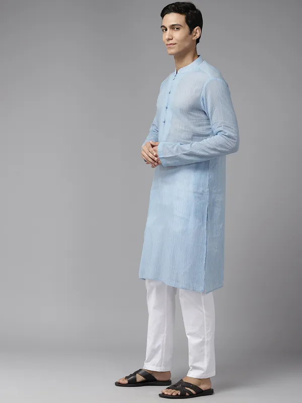 Men_Sky_Blue_&_White_Pure_Cotton_Embroidered_Staright_Kurta_With_Pajama