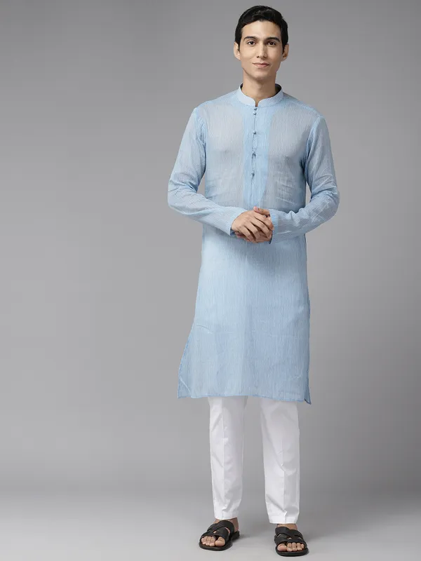 Men_Sky_Blue_&_White_Pure_Cotton_Embroidered_Staright_Kurta_With_Pajama