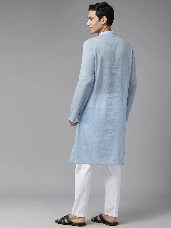 Men_Sky_Blue_&_White_Pure_Cotton_Embroidered_Staright_Kurta_With_Pajama