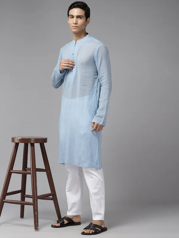 Men_Sky_Blue_&_White_Pure_Cotton_Embroidered_Staright_Kurta_With_Pajama