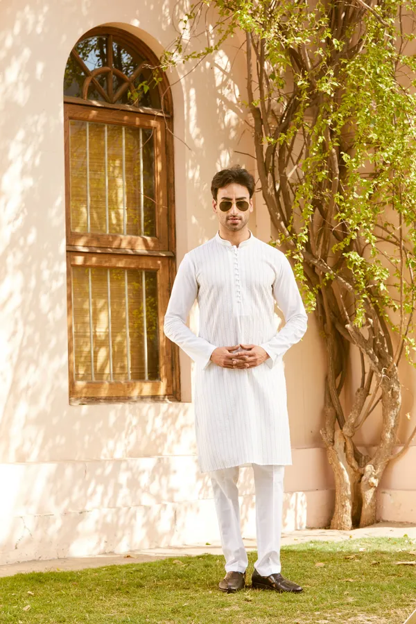 Men_White_Cotton_Pintex_Design_Gold_Thared_Work_&_Sequence_Kurta_With_Pyjama